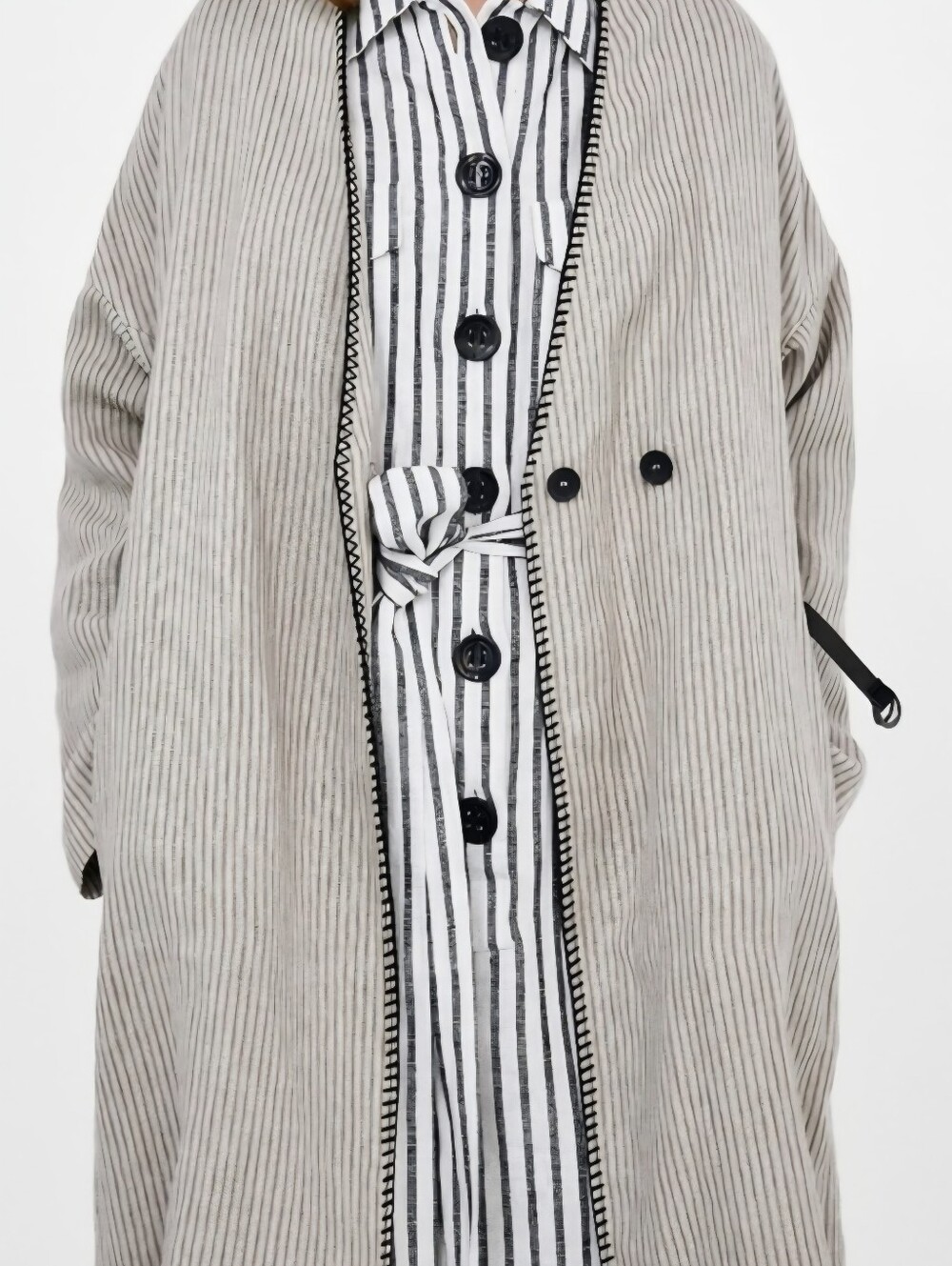 Zara Womens Beige Linen Striped Fringe Trim Hem Midi Duster Wrap Coat Size Large